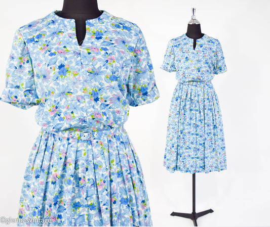 1950s Blue Floral Nylon Day Dress, Medium