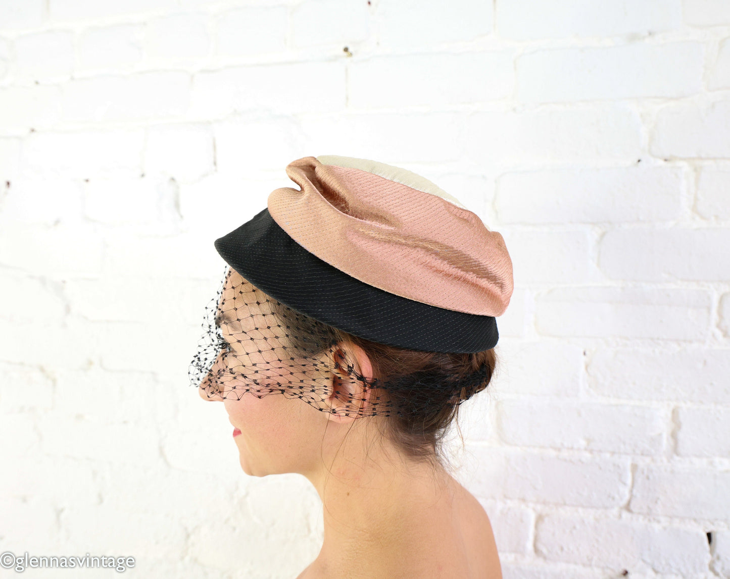 1950s Veiled Satin Cocktail Hat in Creme, Brown & Black