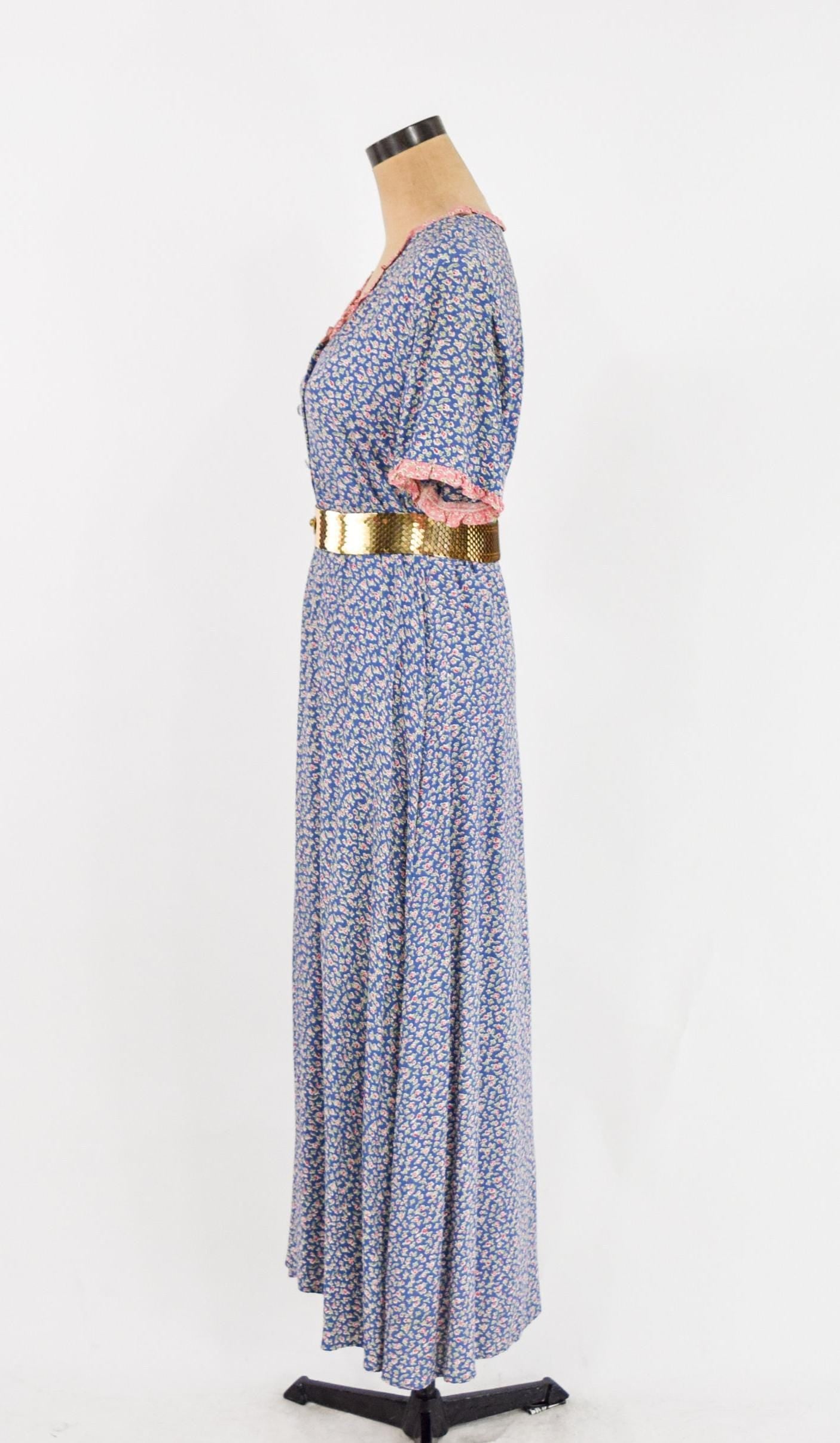 1990s Blue Flowered Dress | Bias Cut Dress, Medium