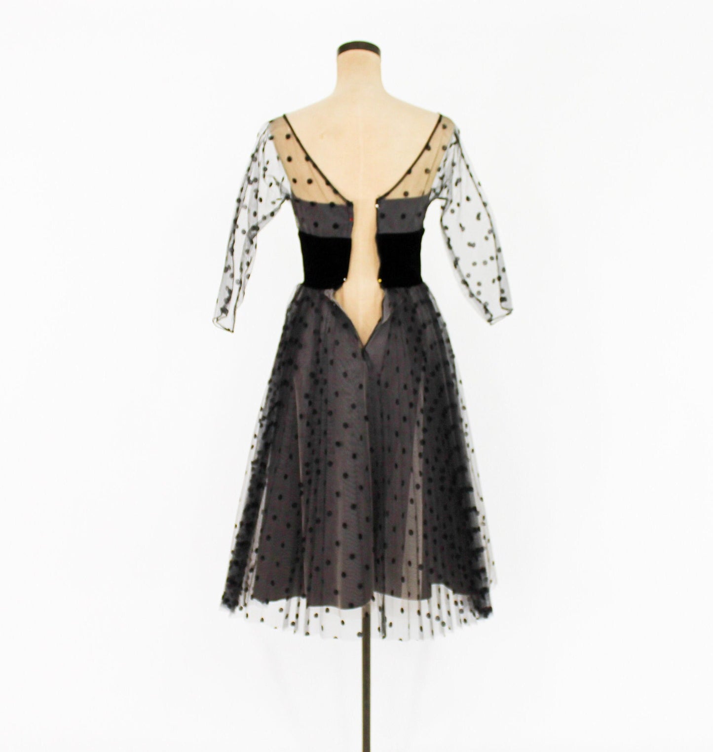 1950s Black Polka Dot Party Dress | 50s Black Tulle Cocktail Dress | Old Hollywood | X Small