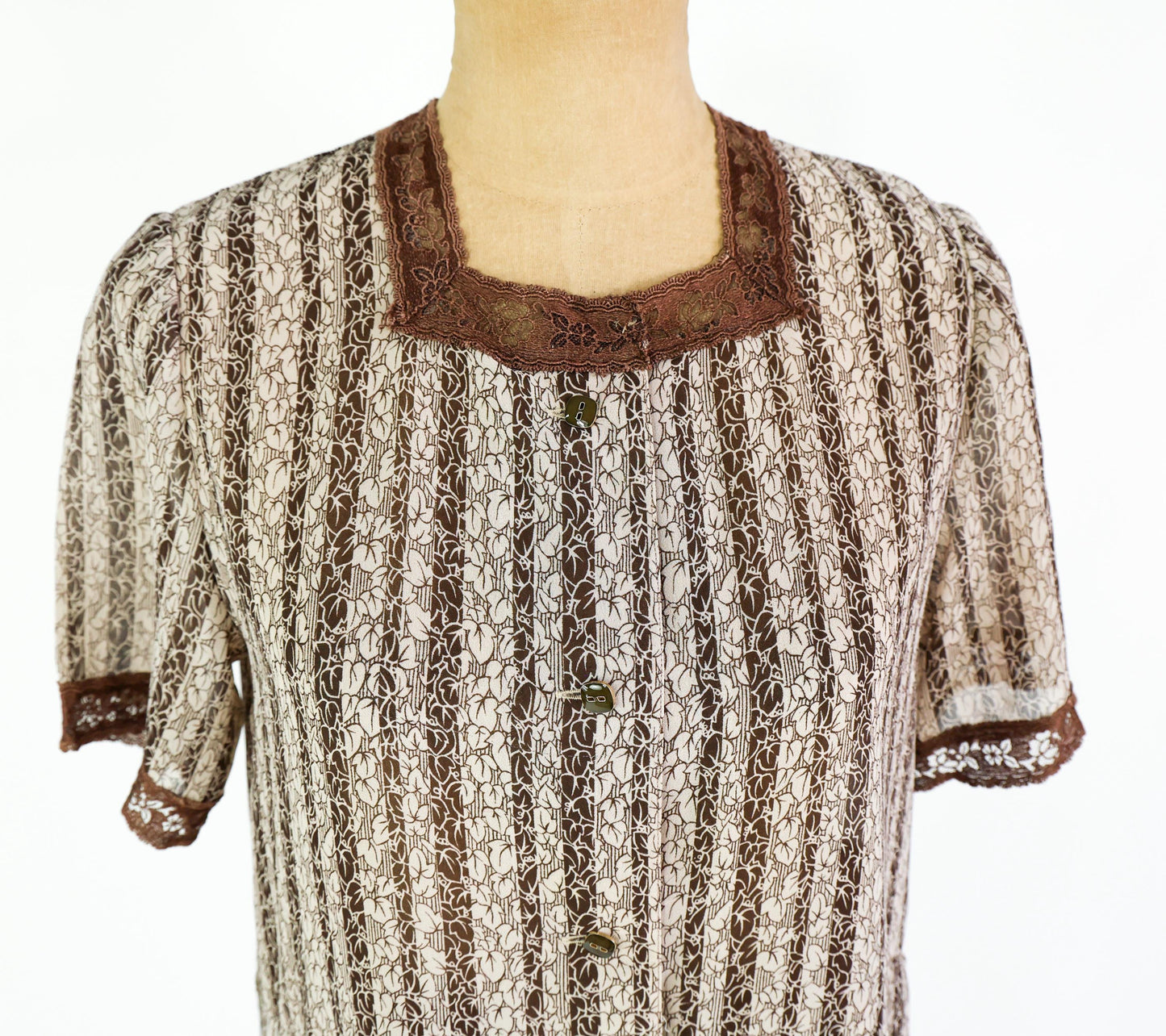 1940s Brown Striped Day Dress, Extra Large