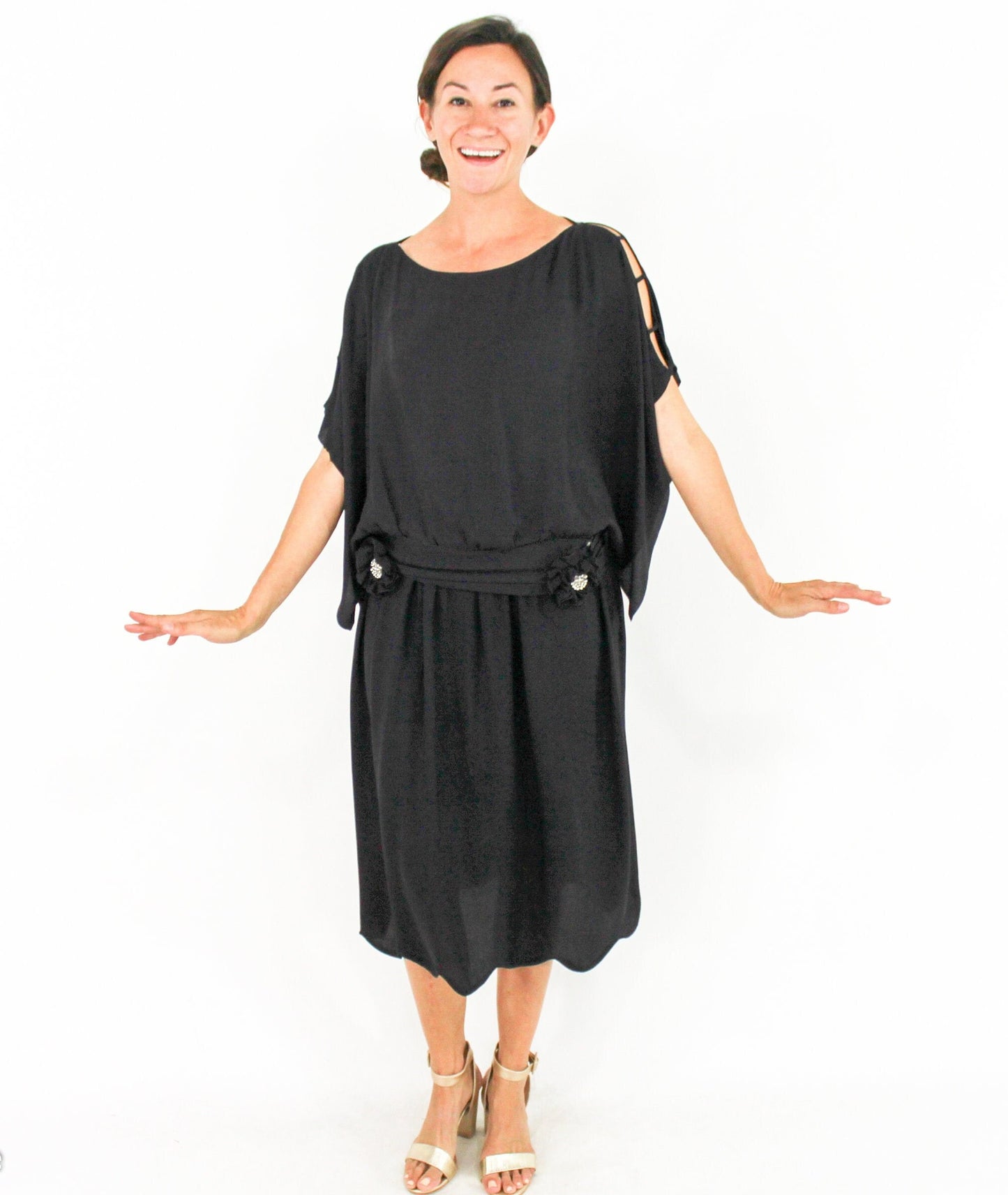 1920s Black Silk Crepe Flapper Dress with Rhinestone Detail, Large