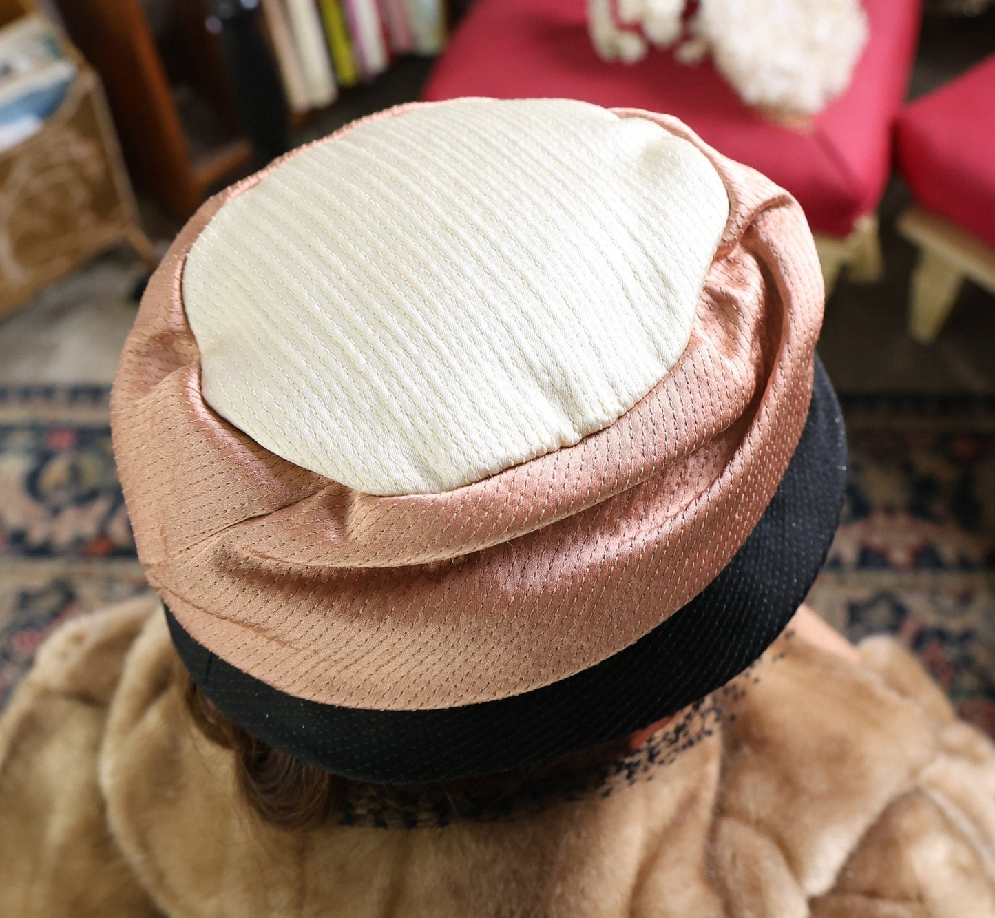1950s Veiled Satin Cocktail Hat in Creme, Brown & Black
