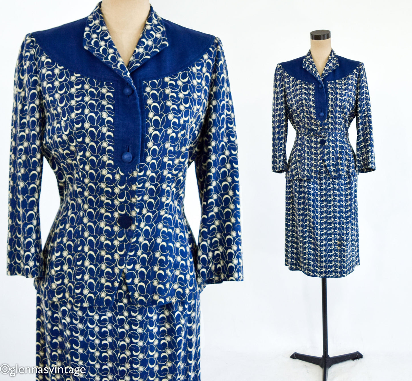 1940s Navy Blue Linen Skirt Suit Set, Medium