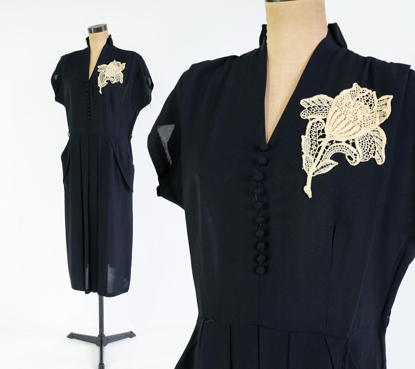 1940s Vintage Black Embroidered Cocktail Dress, Extra Large