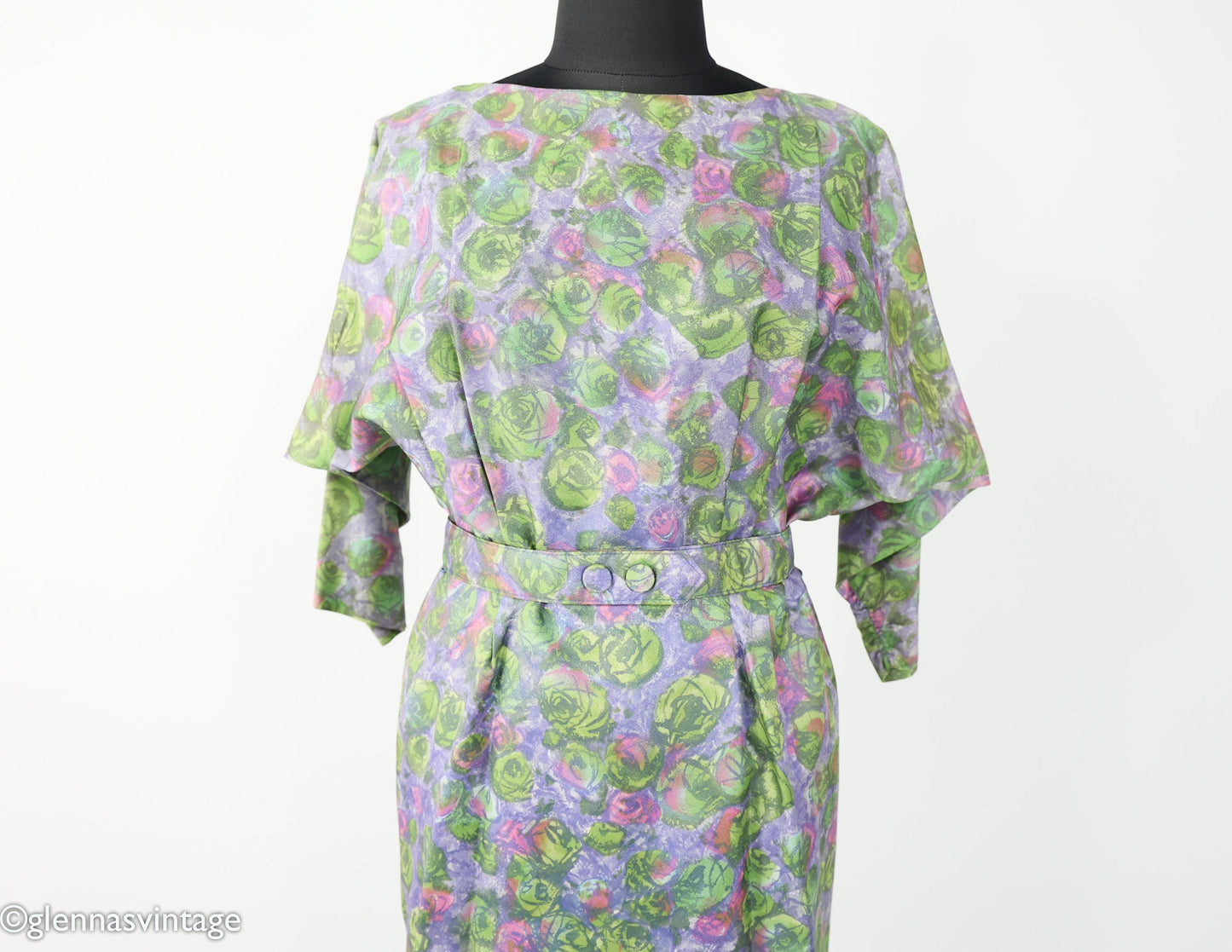 1950s Green Print Watercolor Day Dress, Large