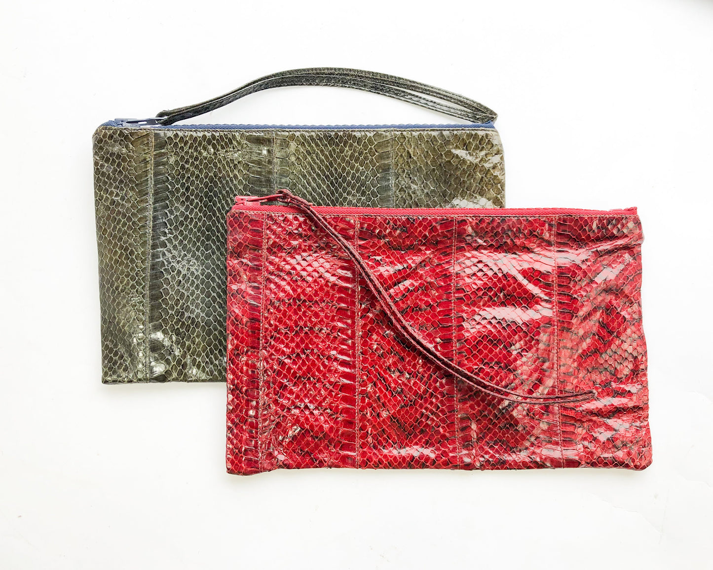 1980s Red Snakeskin Clutch | 1980s Olive Green Snakeskin Clutch