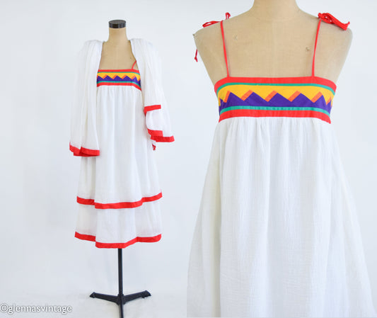 1970s White Cotton Summer Dress, Young Edwardian, Small