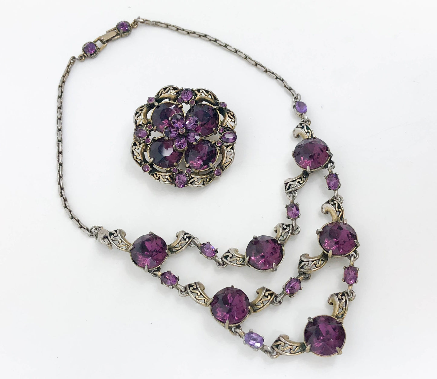 Hollycraft 1950s Amethyst Necklace Brooch Set | Purple Necklace & Trembler Pin
