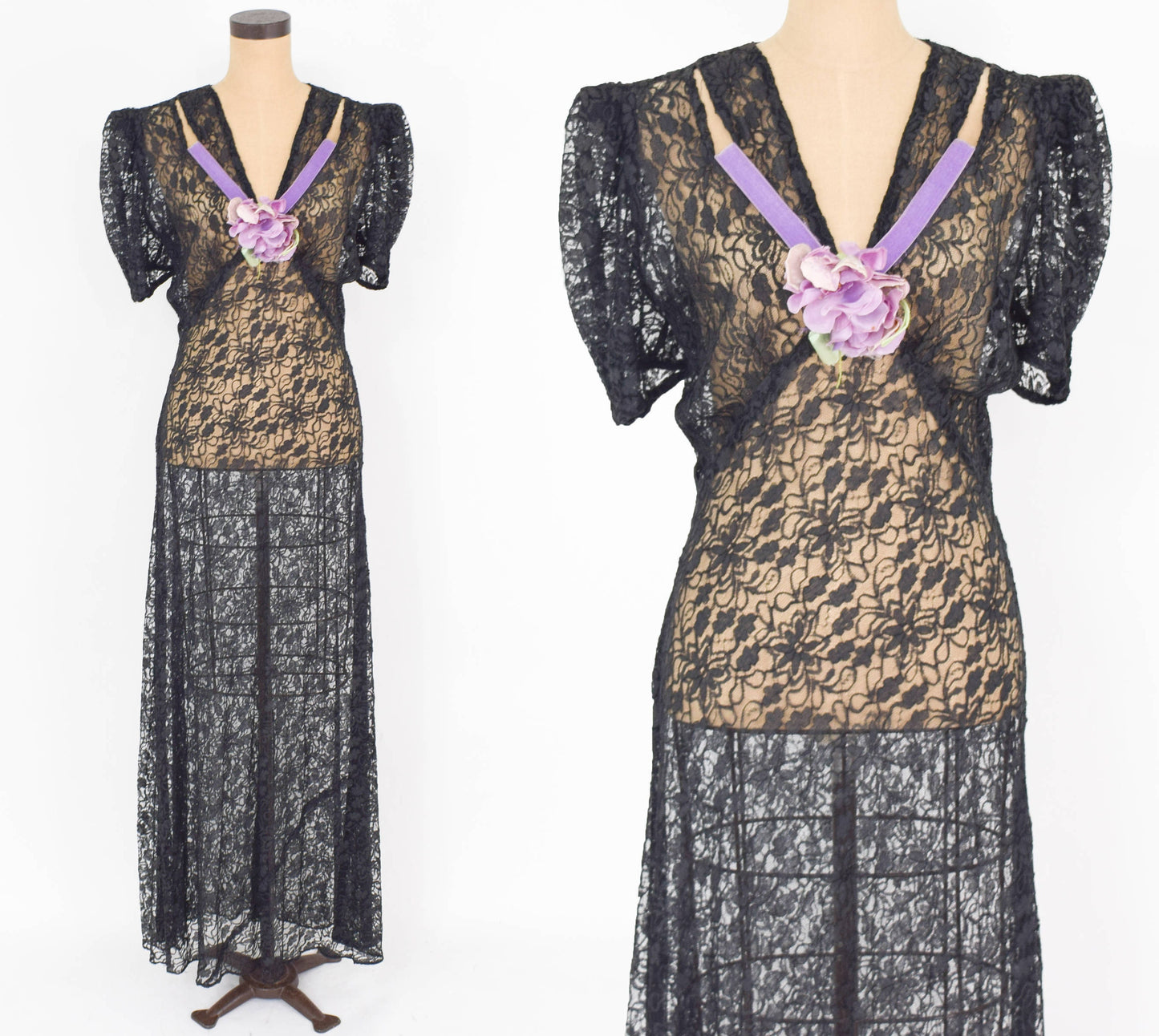 1930s Black Lace Evening Dress | 30s Black Long Floral Lace Bias Cut Dress | Downton Abbey | Large
