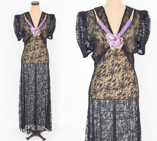 1930s Black Lace Evening Dress | 30s Black Long Floral Lace Bias Cut Dress | Downton Abbey | Large