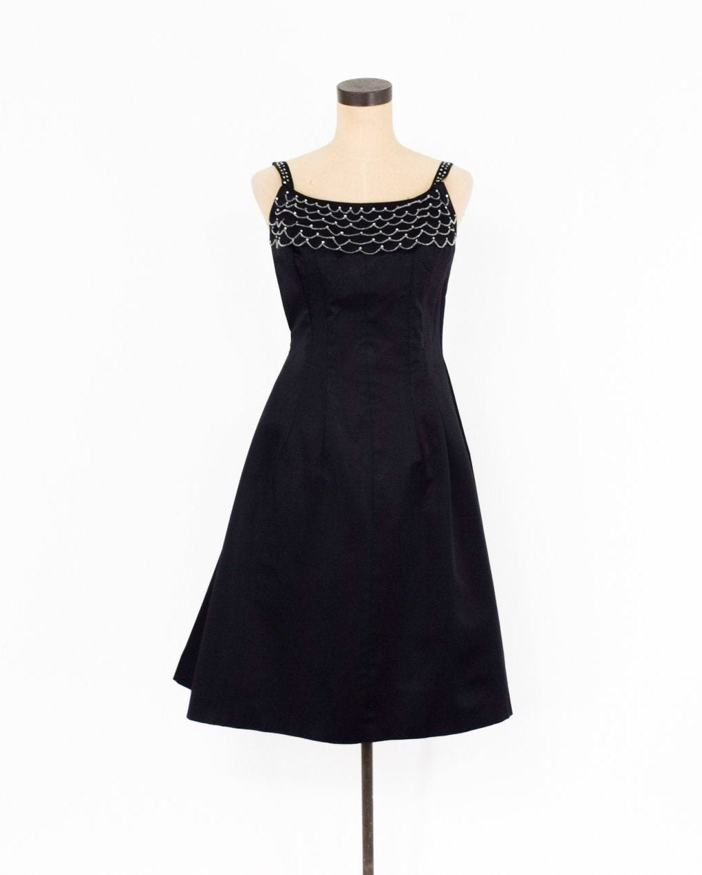 1950s Black Satin Cocktail Dress with Rhinestone Detail, Medium