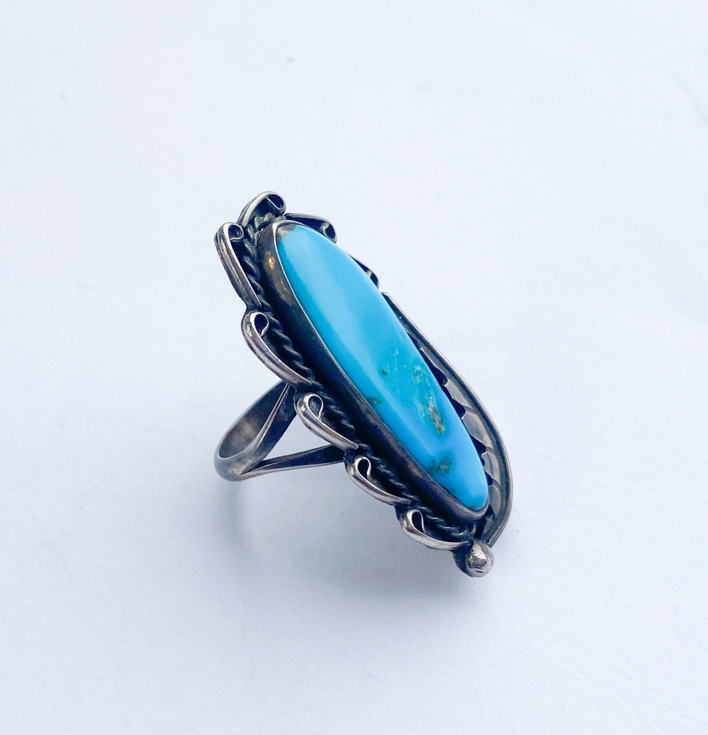 Vintage 1960s Turquoise Sterling Silver Ring | Southwest Feather Design, 6 1/2