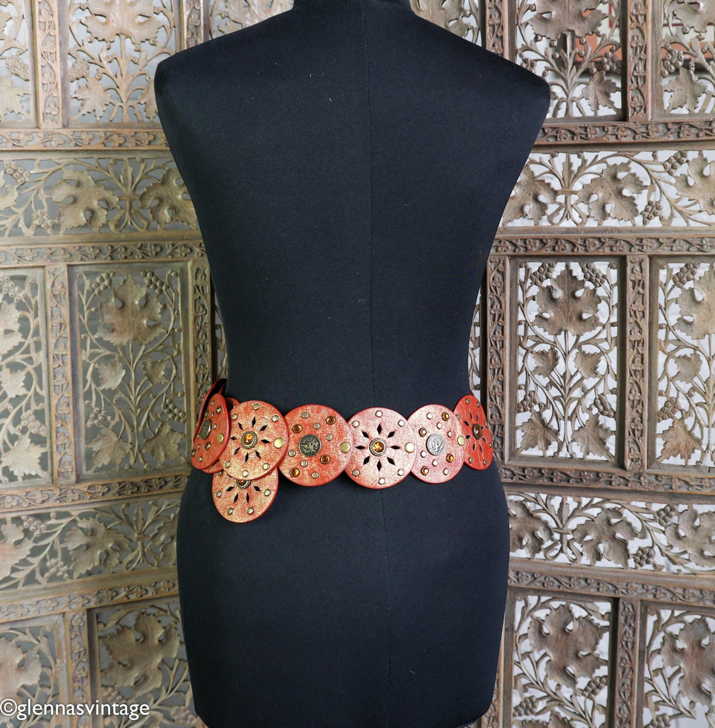 1970s Red & Brown Circles Studded Leather Belt