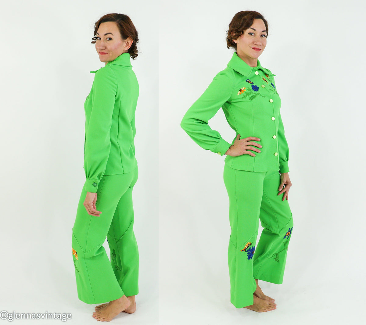 1970s Bright Green Polyester Pantsuit, Top & Pants Set, Small