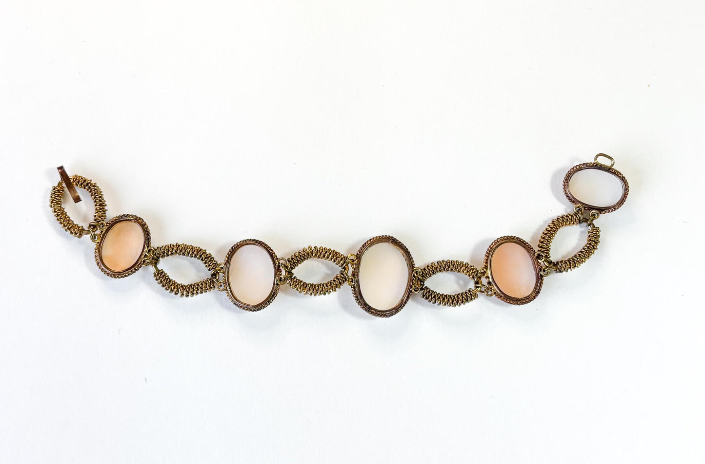 Antique Shell Cameo & Brass Bracelet, 1900s Jewelry