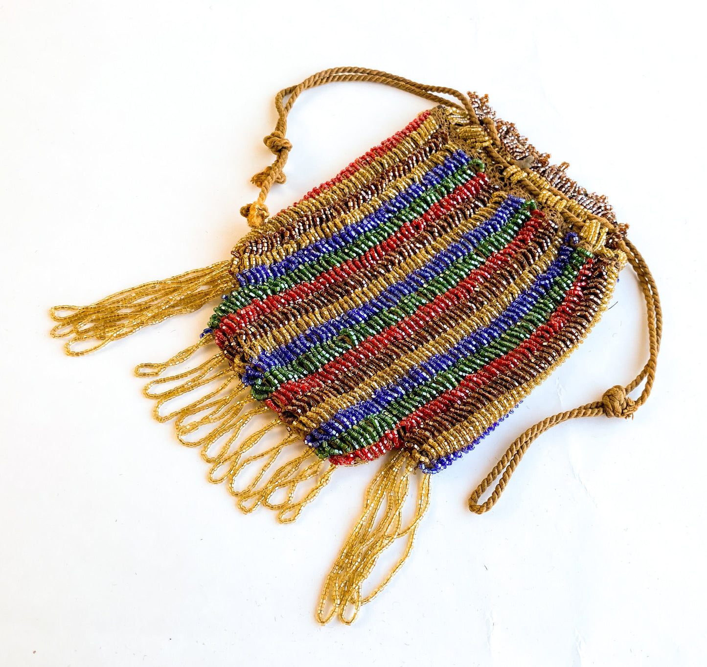 1900s Gold Striped Beaded Handbag | Red & Gold Beaded Stripe Pouch Bag | Downtown Abby