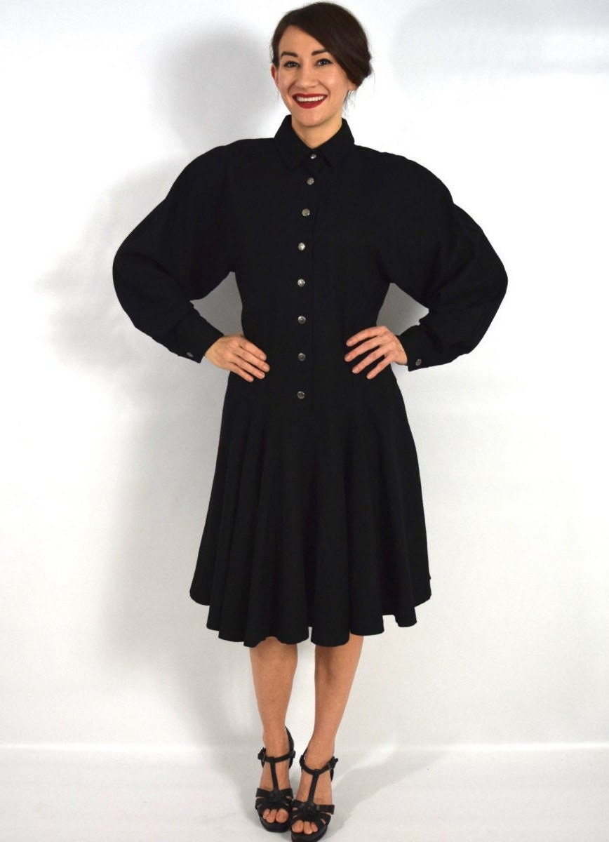 Byblos | 1990s Black Wool Dress | 90s Black Pleated Wool Gabardine Dress | Black Wool Dress  | Byblos | Medium