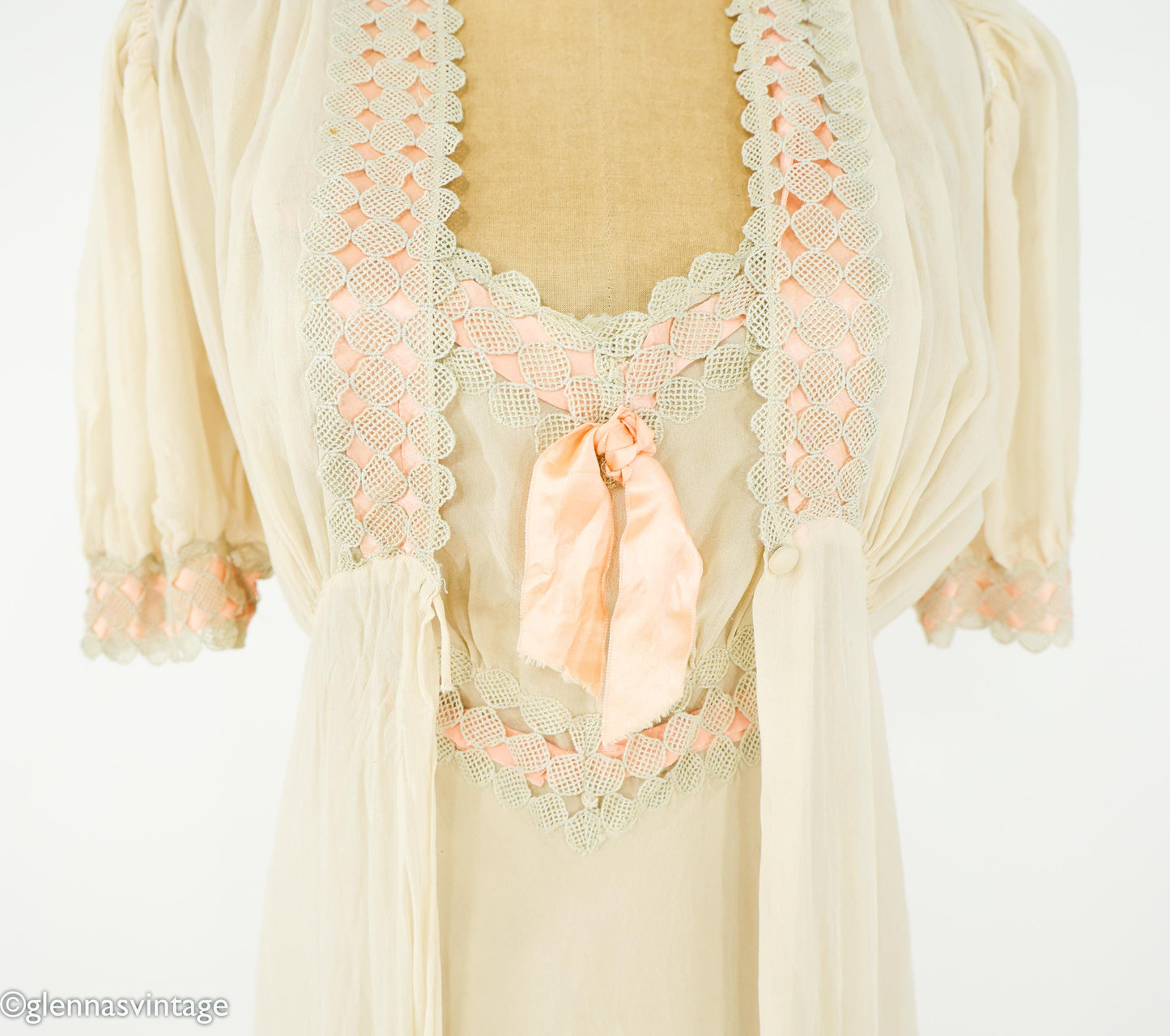 1930s Ivory Silk Chiffon Peignoir Set, Vintage Lace Nightgown, Small