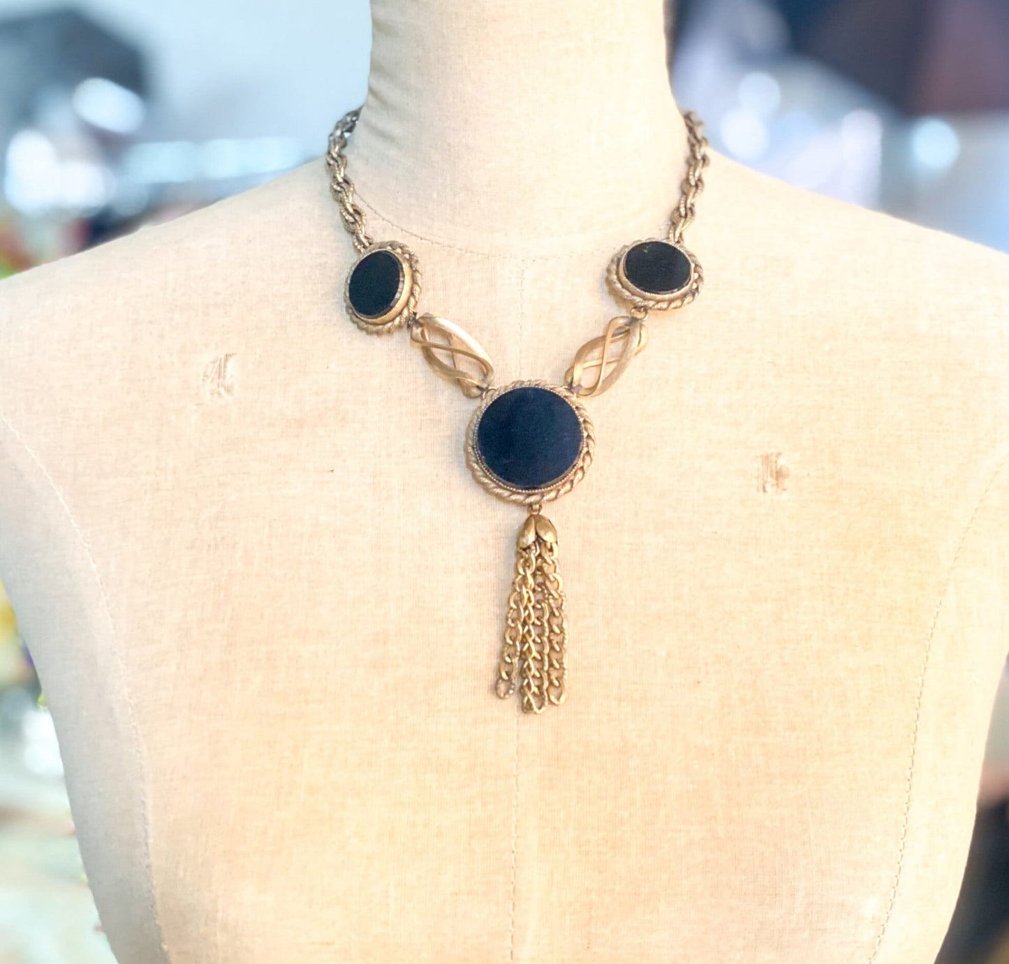 1940s Brass & Glass Pendant Necklace, Gold Black Necklace