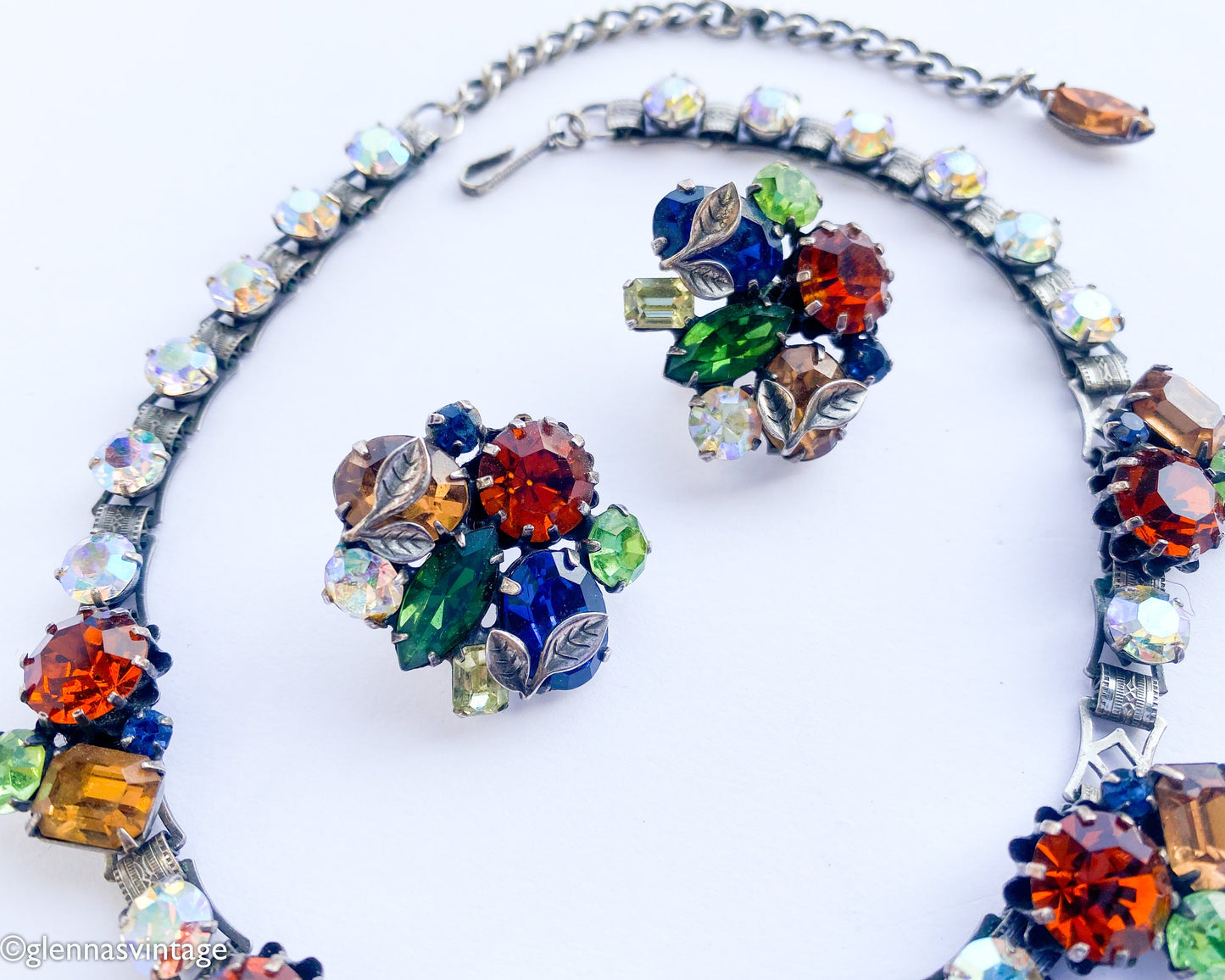 Vendôme | 1940s Rhinestone Necklace Earrings Jewelry Set | 40s Autumn Rhinestone Evening Necklace Set | Vendôme