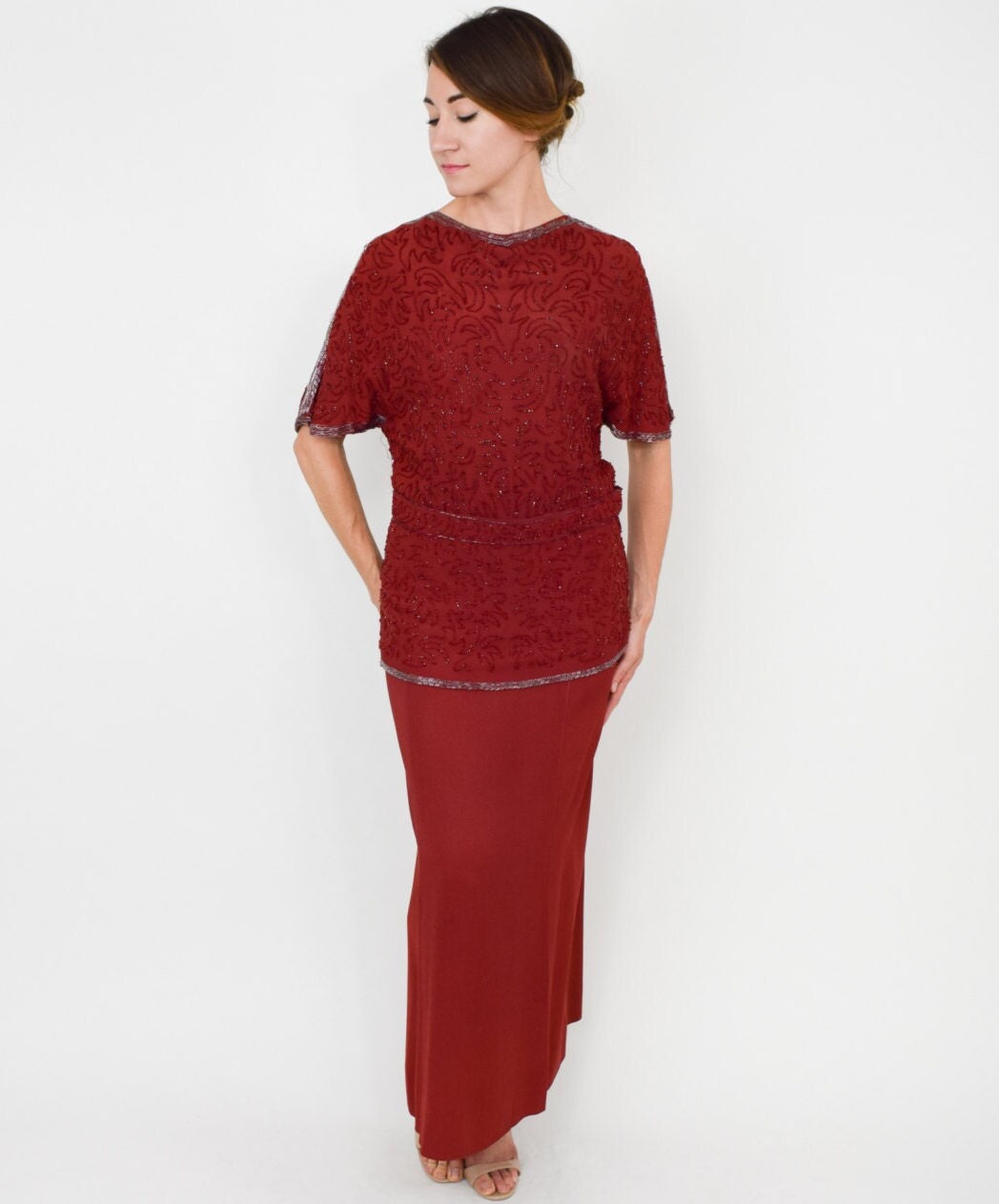 1940s Burgundy Beaded Evening Gown | 40s Red Gown |  Old Hollywood | Medium