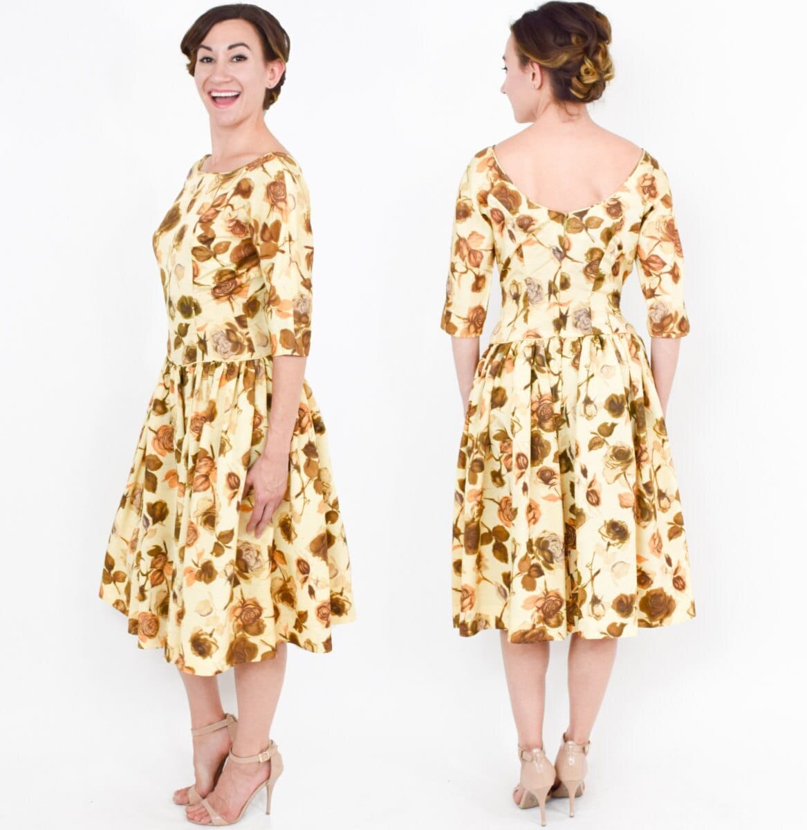 1950s Yellow Rose Floral Print Party Dress, Small