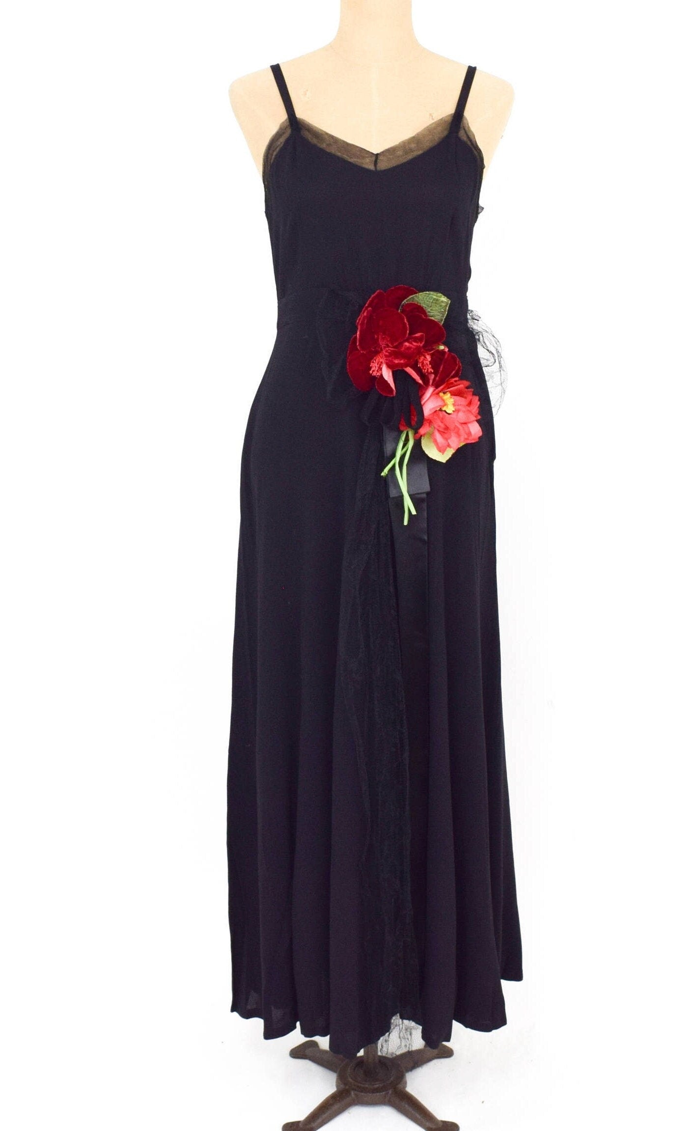 1930s Black Silk Crepe Evening Dress with Red Velvet Flower, Medium
