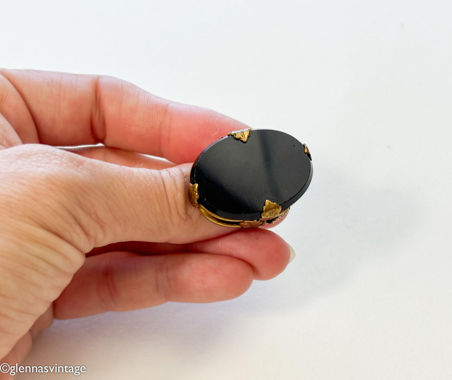 1920s Art Deco Black Glass Ring | Gilt Brass Leaves, Size 5.75