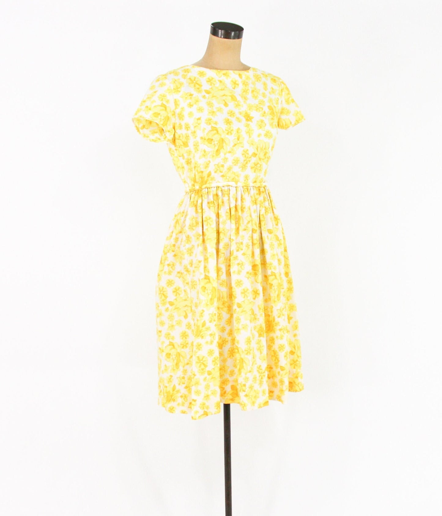 1950s Yellow Floral Day Dress, Small