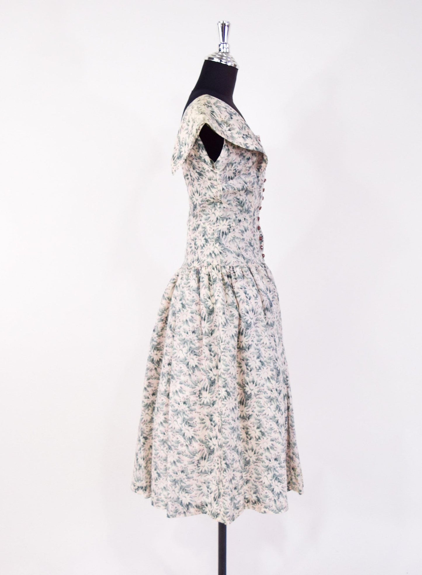 1950s Gray & Pink Floral Silk Party Dress, Medium