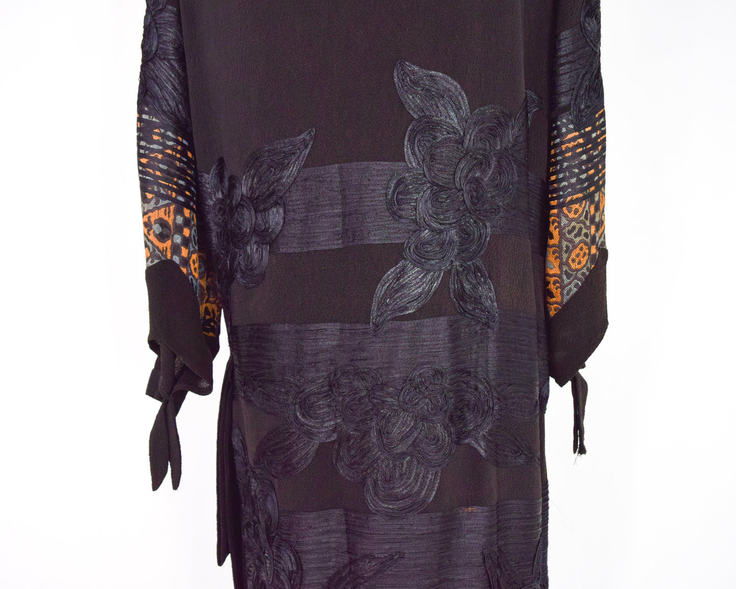 1900s Black Embroidered Crepe Wrap Dress, Downton Abbey Style, Large