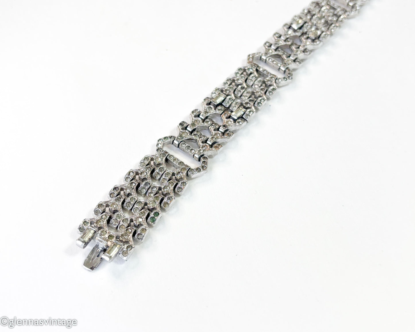 1930s Art Deco Rhinestone Bracelet, Geometric Silver Link Bracelet