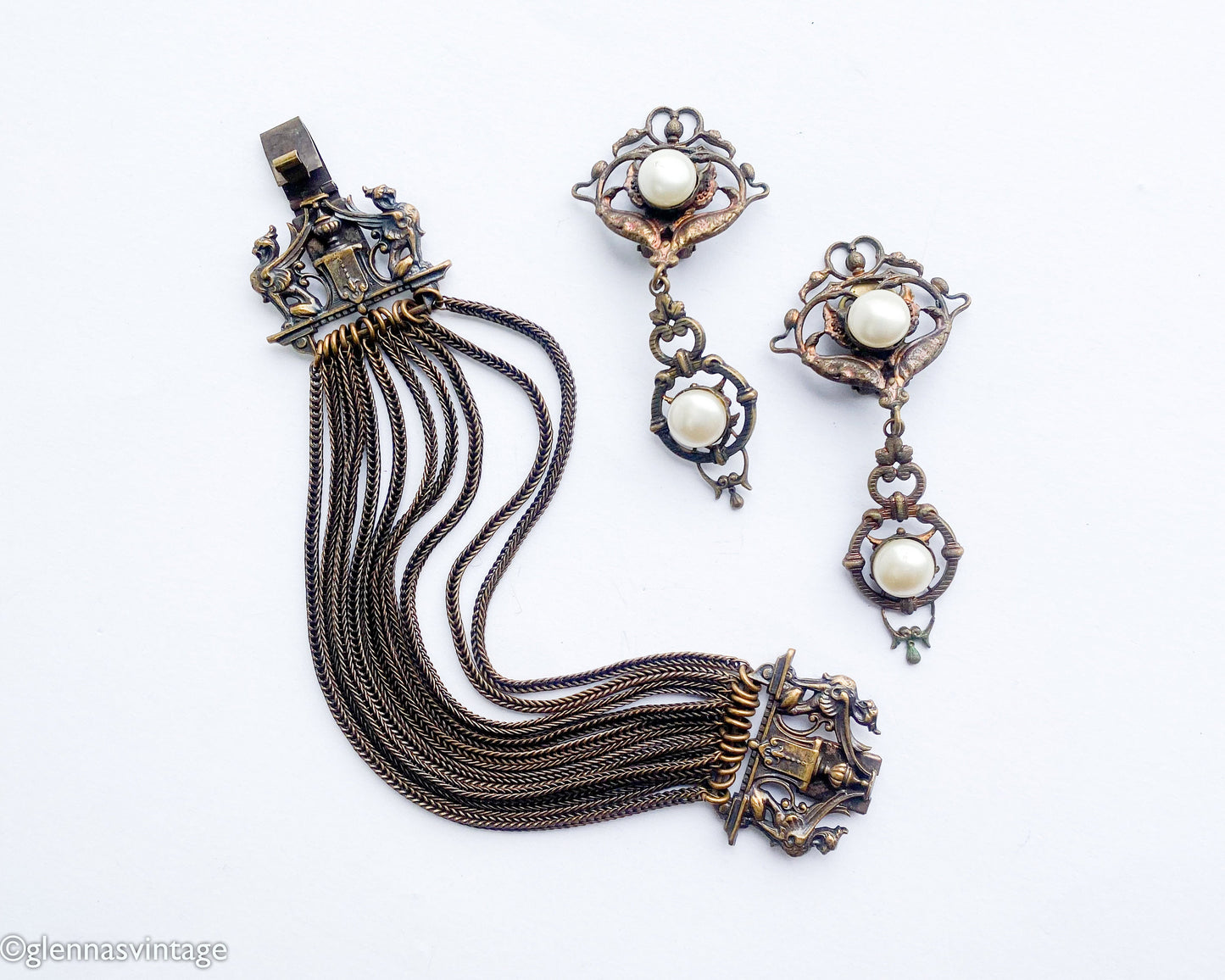 1930s Bronze Chain Bracelet & Pearl Clip Earrings, Art Nouveau Jewelry Set