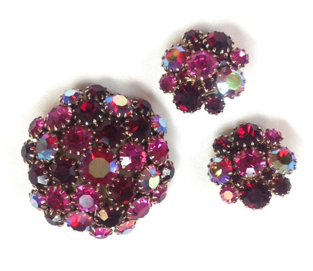 1950s Pink & Red Rhinestone Brooch Set | 50s Pink Red Rhinestone Pin Earring Set