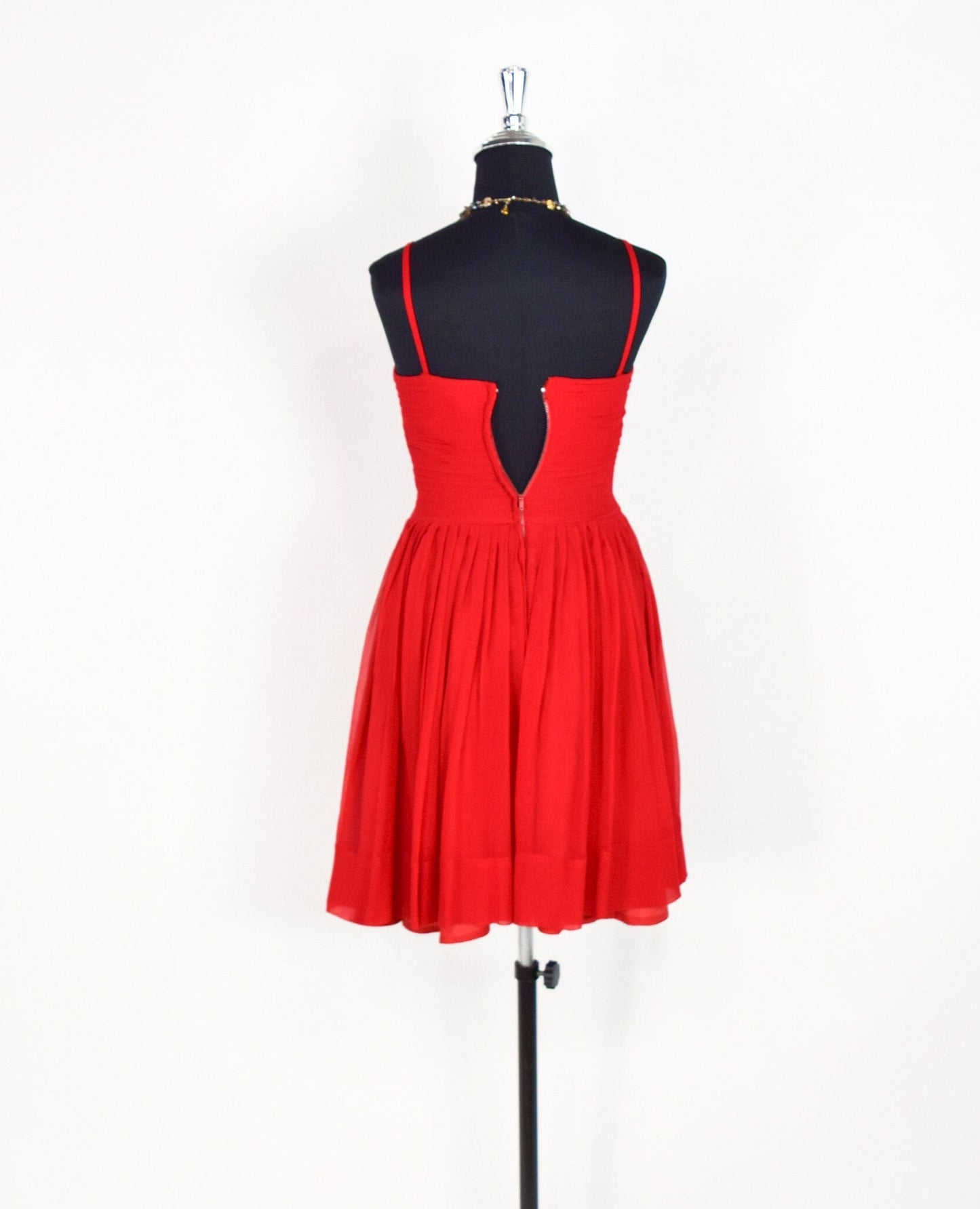 1950s Red Chiffon Party Dress with Pleated Bodice, Extra Small