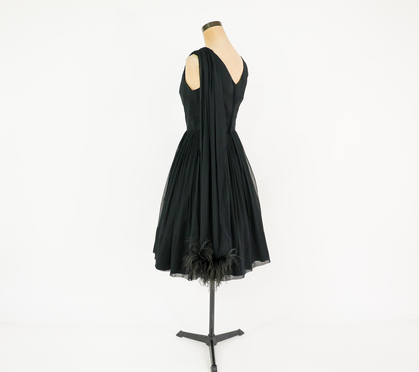 1950s Feather Sash Black Silk Cocktail Gown, Small