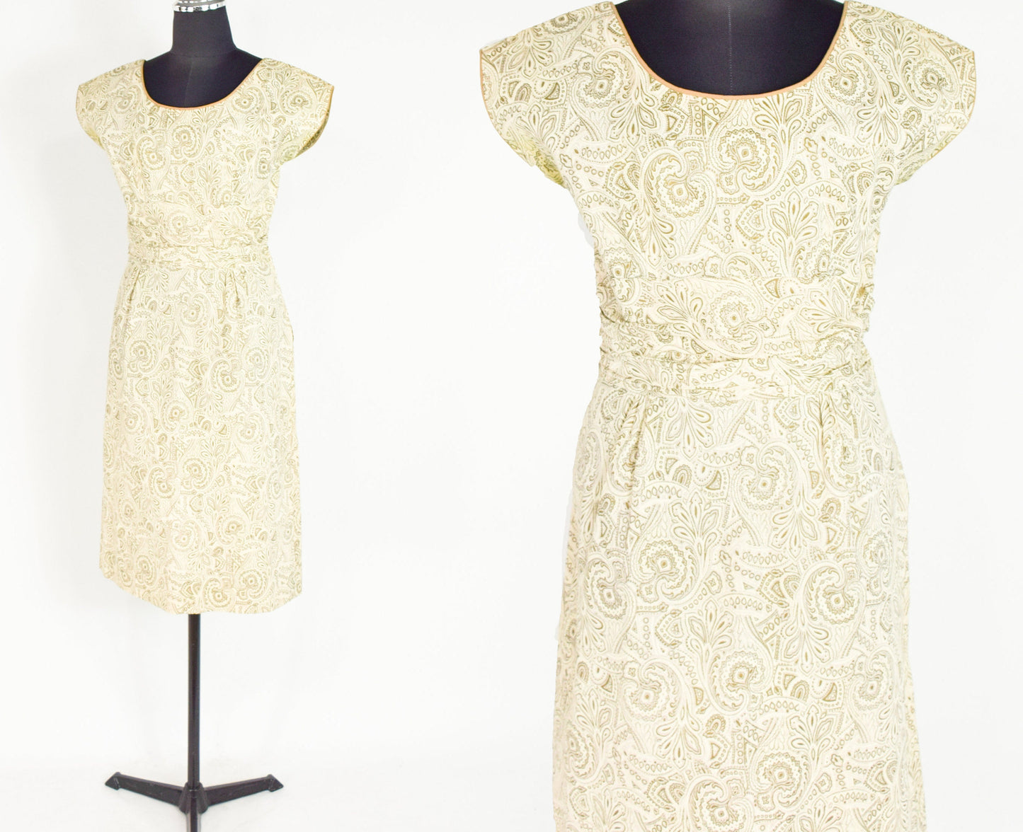 1950s Gold & Creme Paisley Print Cotton Sheath Dress, Medium