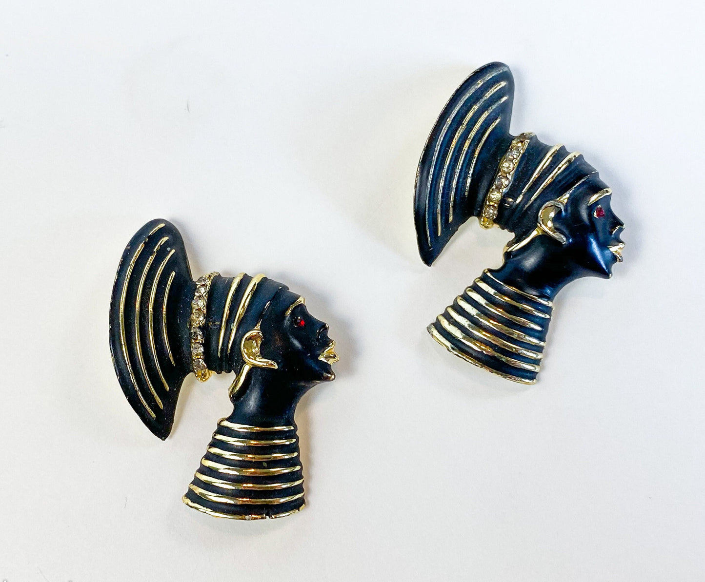 1950s Nubian Princess Brooch Set | Gold & Black Enamel Pins