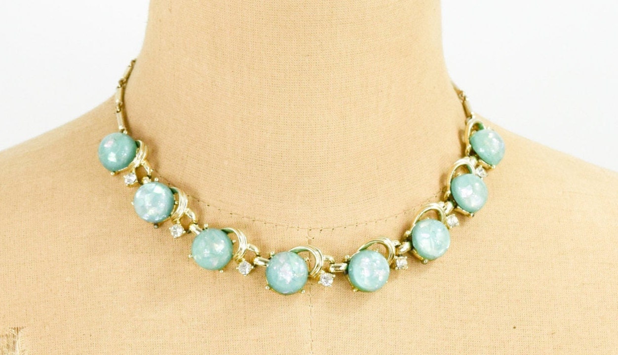 Coro Blue Lucite & Rhinestone Necklace | Turquoise Plastic Choker