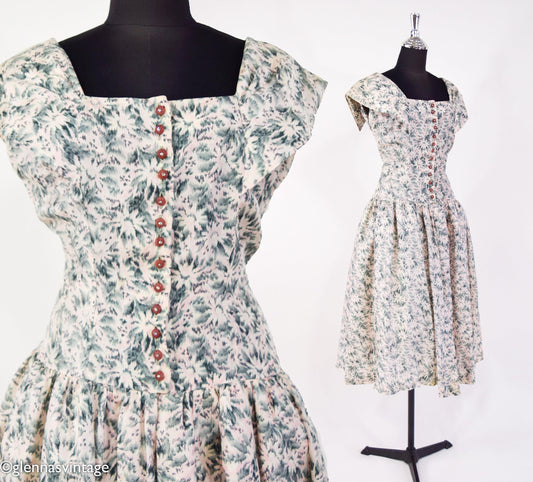 1950s Gray & Pink Floral Silk Party Dress, Medium