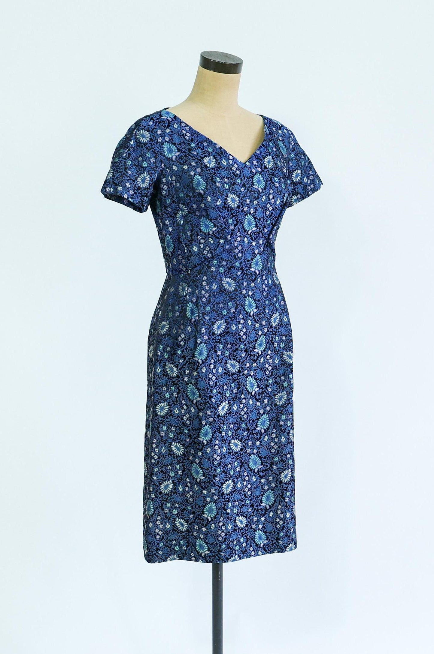 1960s Blue Brocade Dress & Jacket Set | 60s Navy Blue Print Brocade Dress Set | Mary Louise | Small