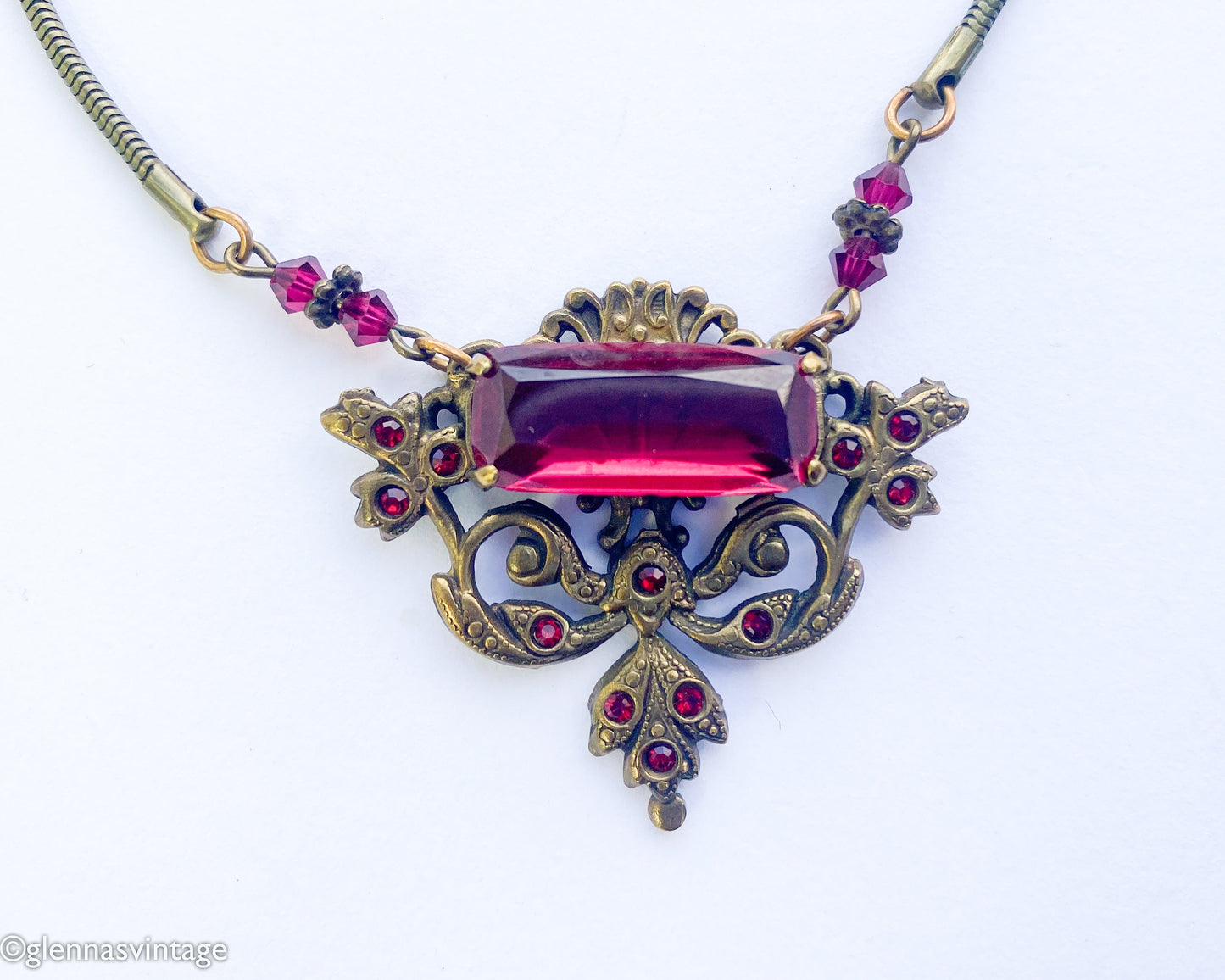 1940s Red Glass Pendant Necklace | Bronze Coil Chain