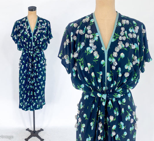 1940s Navy Blue Floral Sequin Dress, Large