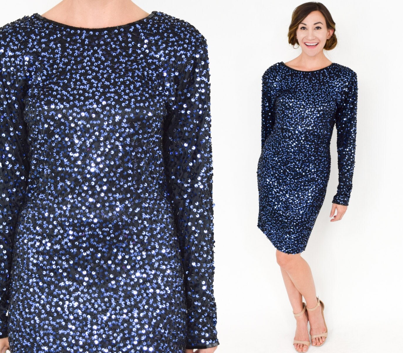1990s Blue Sequin Low Back Party Dress, Medium