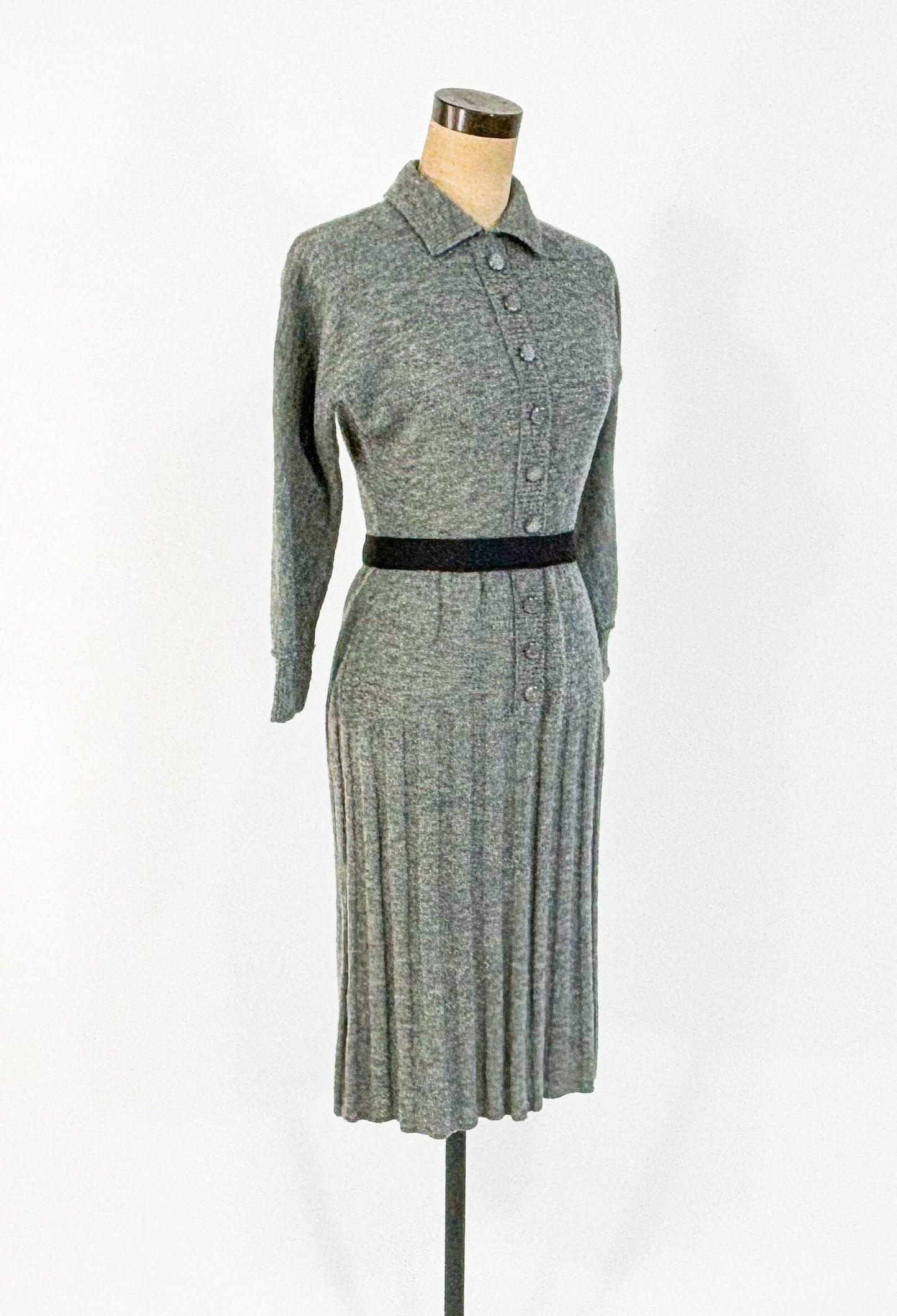 1940s Gray Knit Secretary Dress | 40s Gray Knit Dress | Barbara Carol | Small