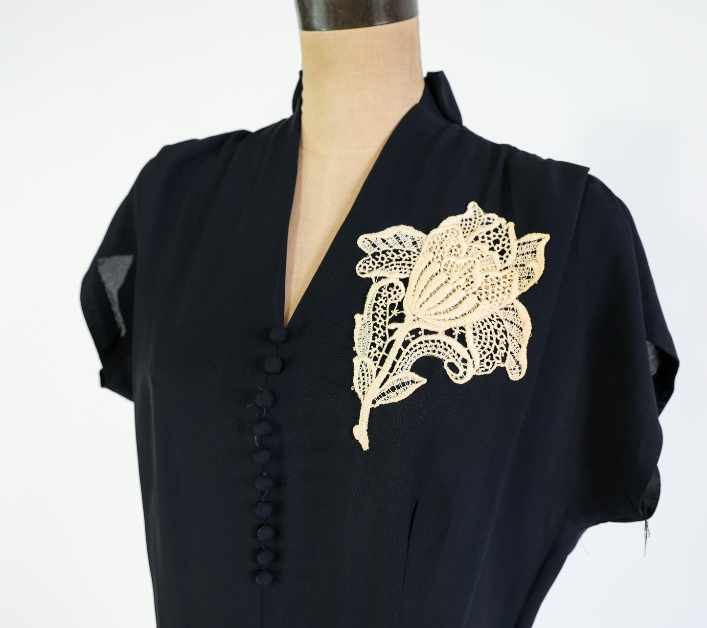 1940s Vintage Black Embroidered Cocktail Dress, Extra Large