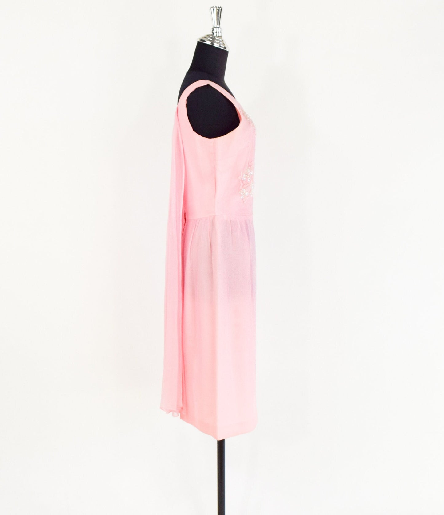 1950s Pink Chiffon Party Dress | Sequin Beaded Cocktail Gown, Large
