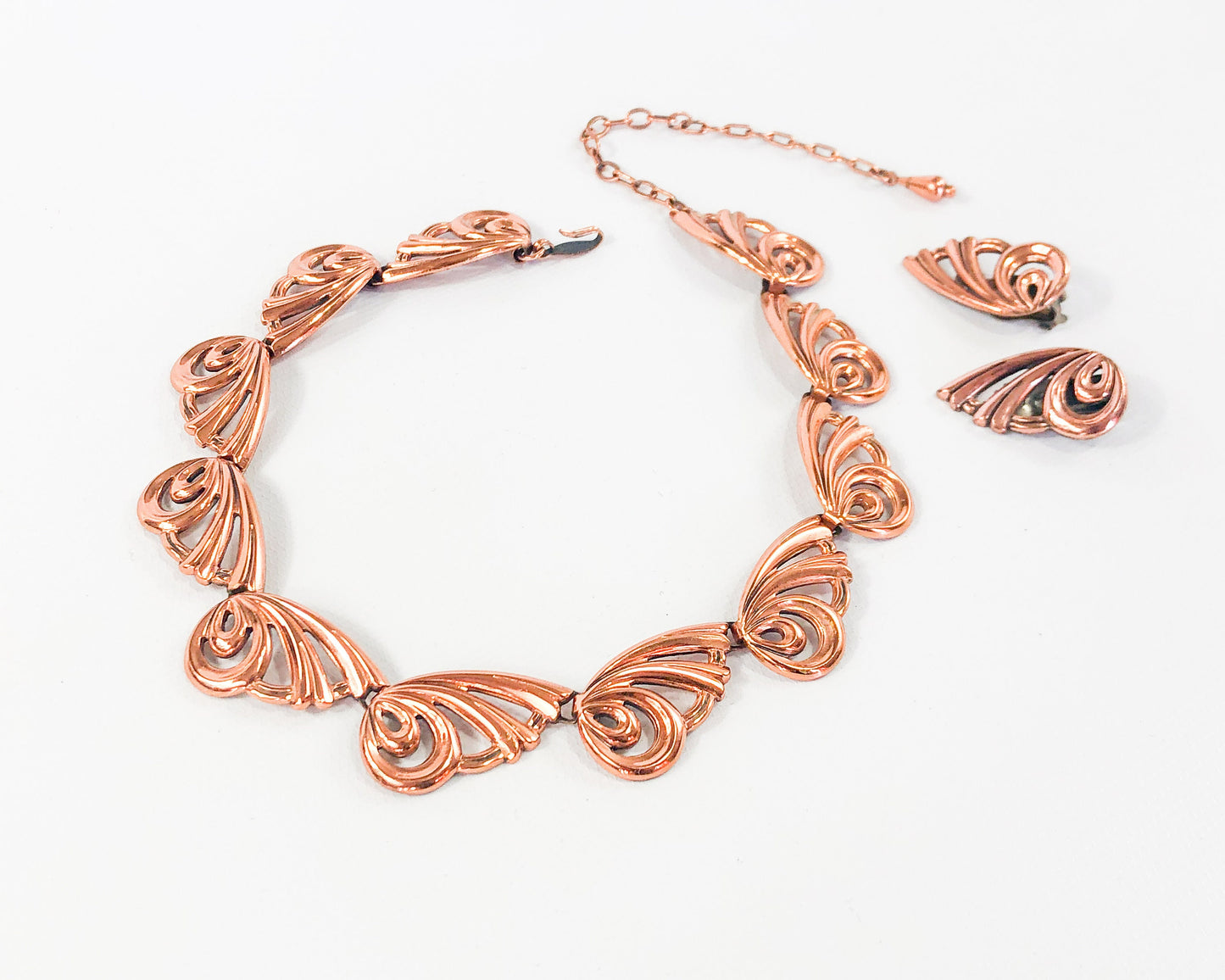 1950s Copper Swirl Necklace & Earring Set, Renoir Jewelry Hat