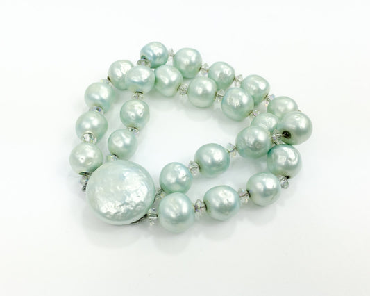 1950s Turquoise Faux Pearl Bracelet | 50s Blue Faux Pearl and Crystal Bracelet
